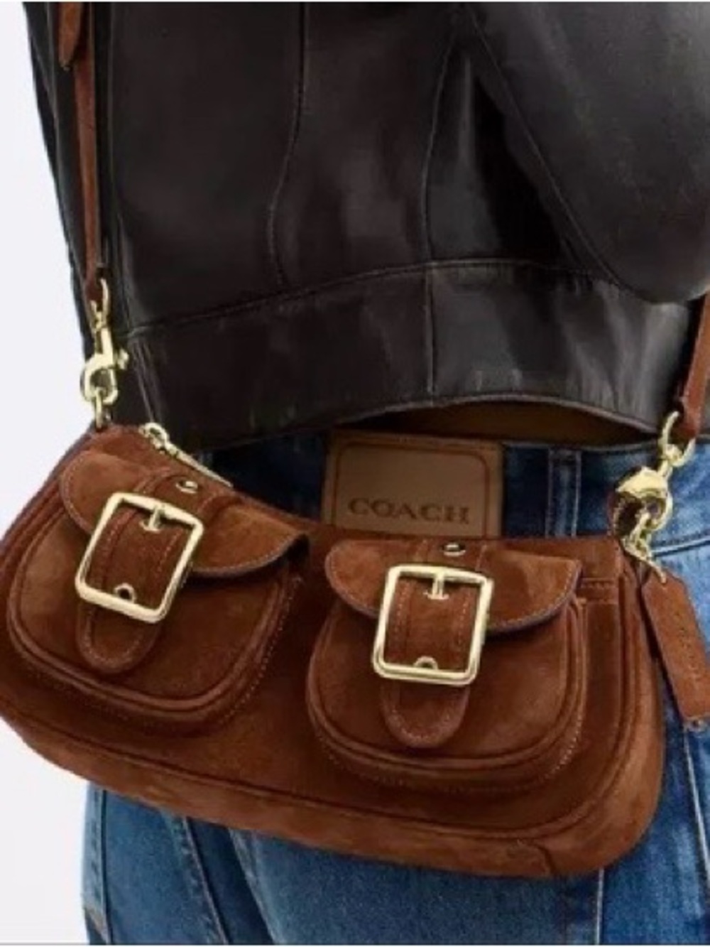 Coach New Fall Y2K Brown Suede Shoulder Bag Gold Hardware Baguette Sexy Bar Bag - Picture 12 of 12